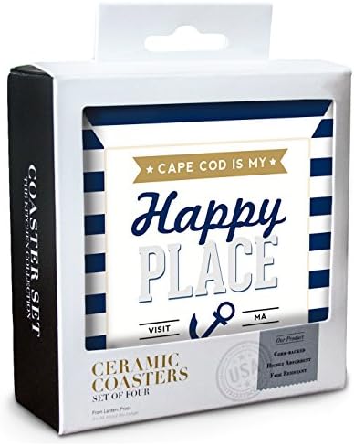 Фенер Притиснете Кејп Код, Масачусетс, Кејп Код е Мојот Среќен Место (3) (Сет од 4 Керамички Coasters, Плута, Поддржан,